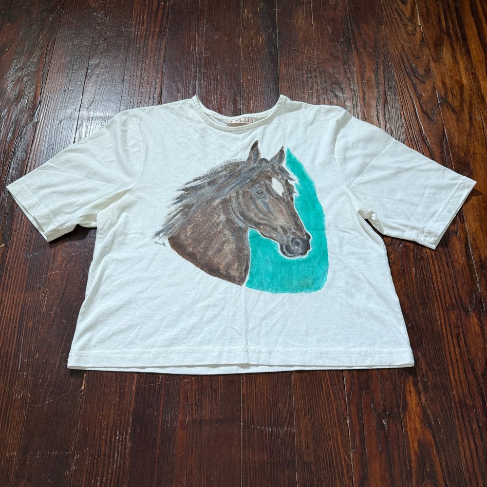Vintage 90s Horse Graphic Tee Womens XL White Hand Painted Style Boxy